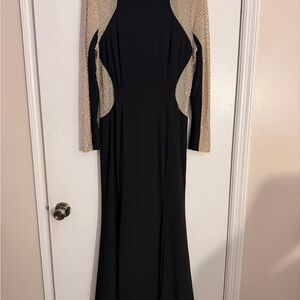 Xscape Black Gown with Gold Beaded Long Sleeves